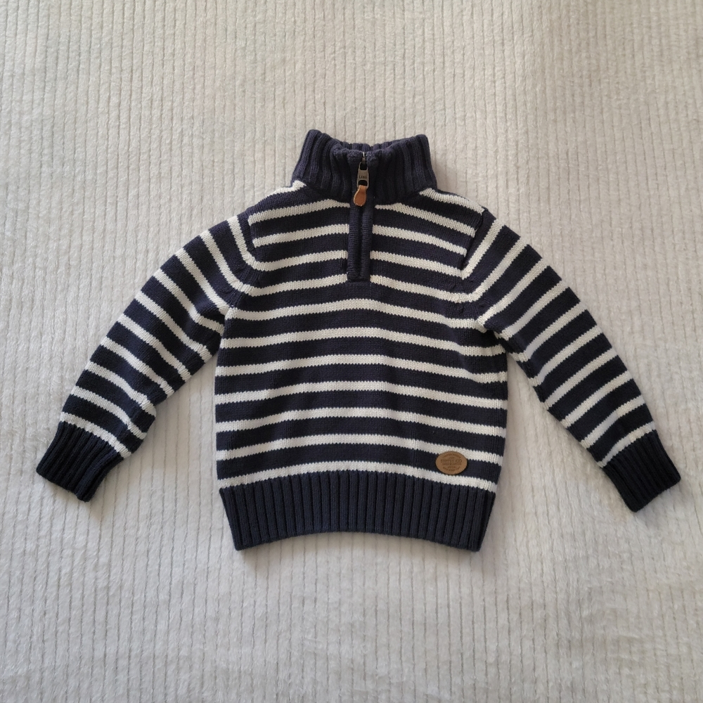 H&M L.O.G.G. Boy's Navy & White Stripe Cotton Sweater 1/4 Zip Size 1.5-2…